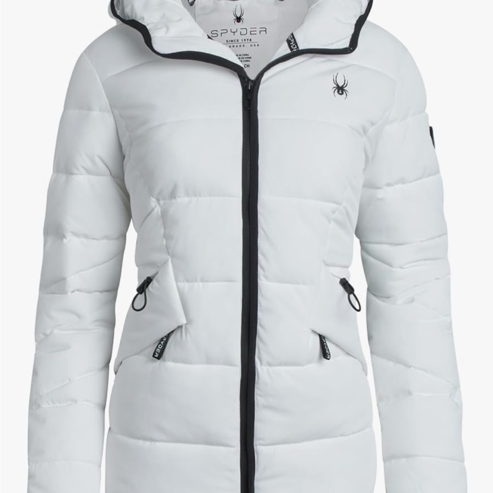 Spyder White Puffer Jacket with Hood and Slim Fit